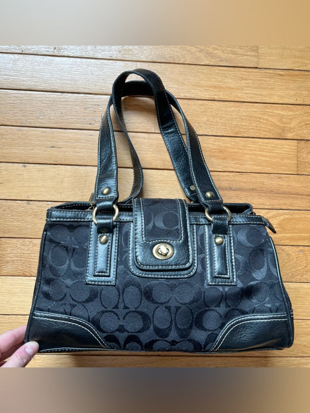 Coach Hampton Black Signature Jacquard Satchel Shoulder Bag